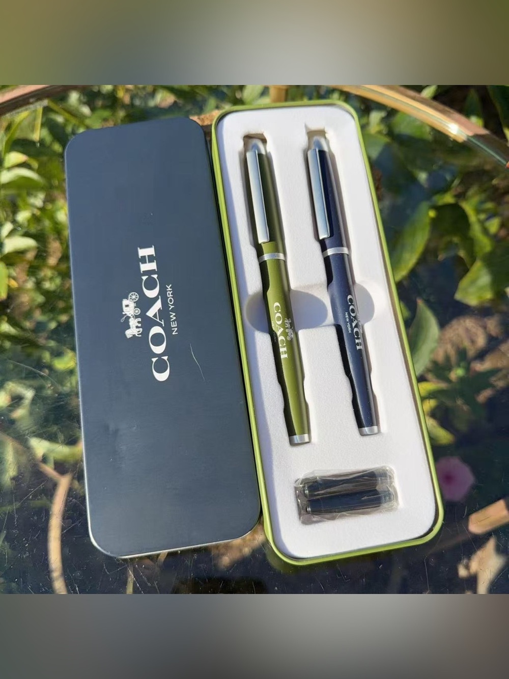 Coach Fountain Pen & Rollerball Pen Set with Metal Case and Refills